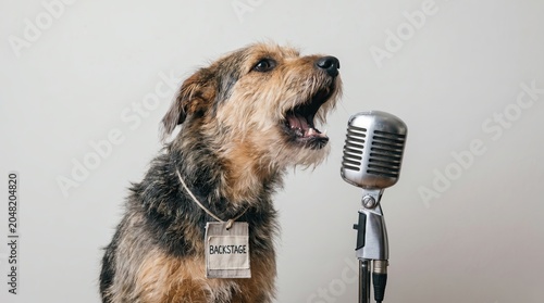 Funny dog Concert, Cute dog Performer, Cheerful Music dog, Dog Singing with Microphone Backstage at Concert