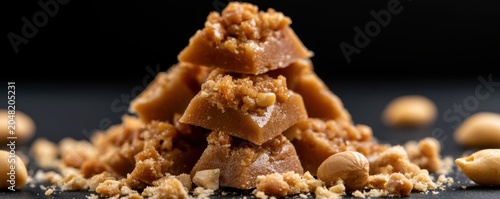 stack of square pieces of homemade peanut brittle candy topped with crushed salty roasted peanuts