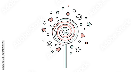 Whimsical swirl lollipop in pastel colors surrounded by a cloud of twinkling stars, hearts, and colorful dots on a white background.