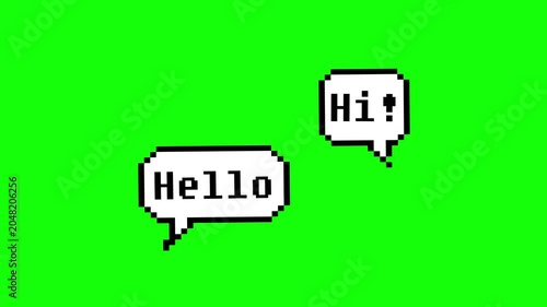Pixel art style empty chat speech bubble animation with hi and hello text on chroma key green screen, 4k loopable video.