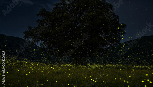 Bild auf Leinwand Large lone tree in a dark meadow at night surrounded by thousands of glowing fir