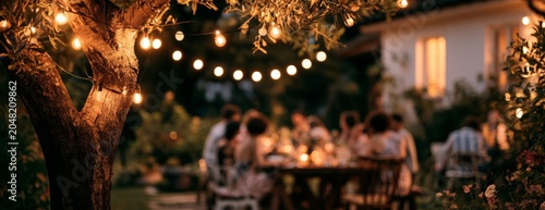 Outdoor party with people sitting at a table in courtyard lit by lanterns  