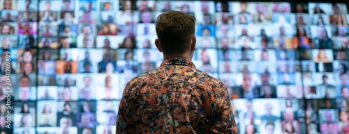 Businessman observing multiple video conference participants on screen  