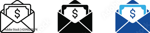Foto Three icons of envelopes with dollar bills inside representing payment salary or