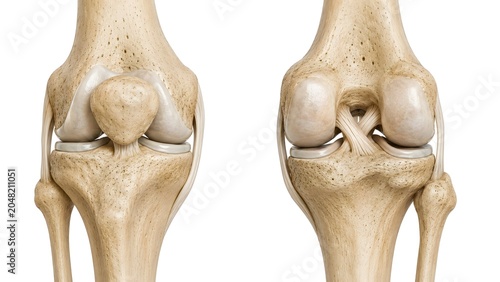 Human knee joint anatomy featuring anterior and posterior views isolated on a clean white background.