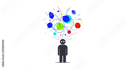 A black silhouette of a person with a chaotic, colorful explosion of lines and shapes above their head, symbolizing stress, confusion, or overwhelming thoughts.