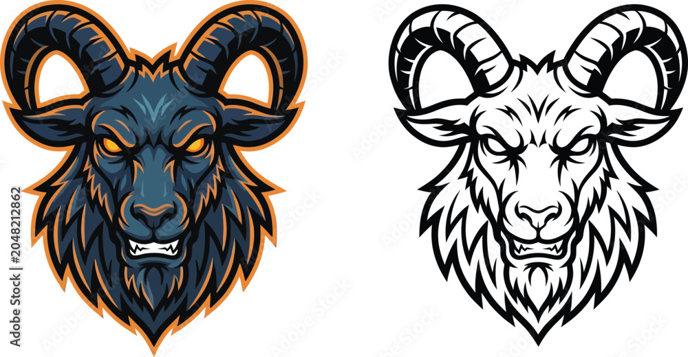 Fototapeta premium A fierce, detailed mascot illustration of a goat's head in color and a black and white outline version.