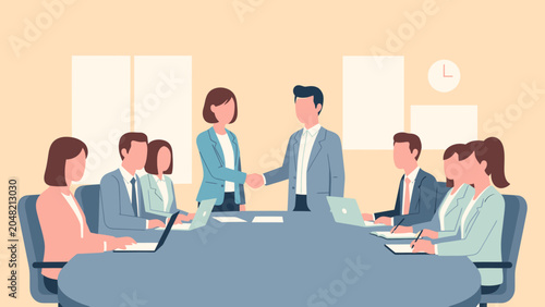 Business professionals shaking hands in meeting.
