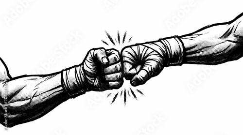 Photos Dynamic comic book style illustration of a powerful fist bump between two muscular arms with wrapped wrists, featuring action impact lines on a pure white background