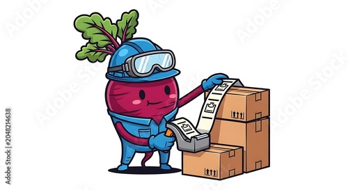Cartoon character carrying moving boxes and plants.