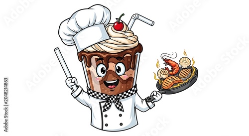 Cartoon chef holding a basket of vegetables.