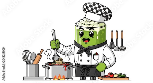 Cartoon chef with vegetables and cooking utensils.