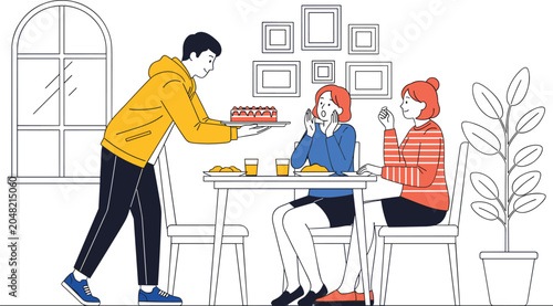 Bild auf Leinwand Family dining scene vector illustration featuring friends sharing meal together
