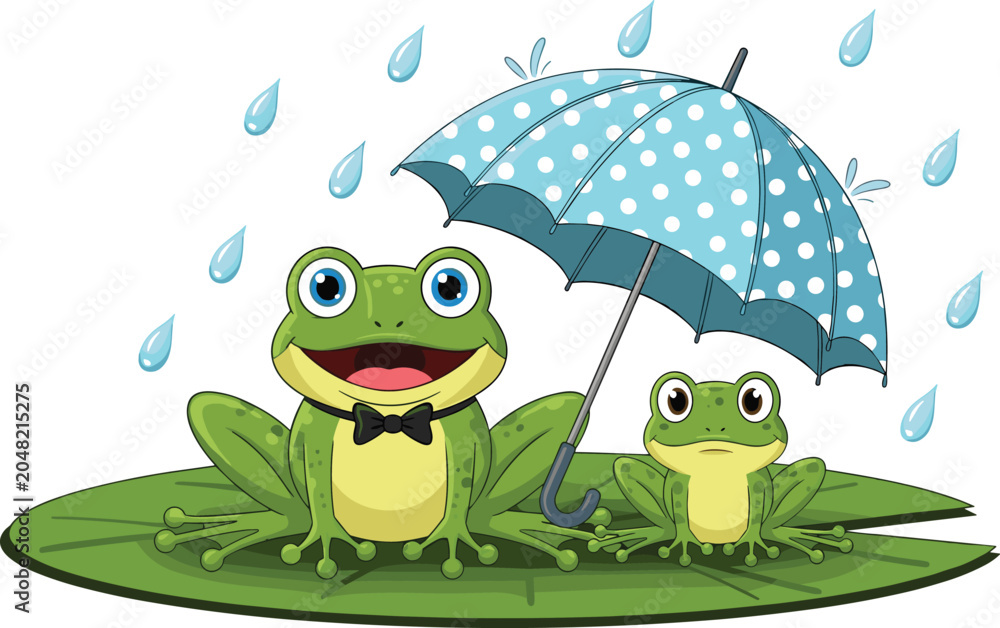 Obraz premium Cute cartoon frog family vector illustration featuring rainy day umbrella protection and cheerful wildlife character scene