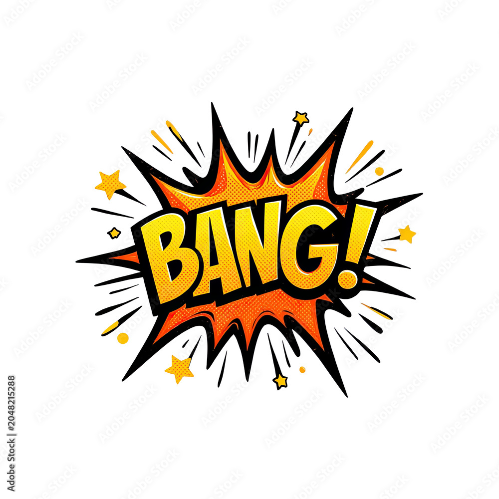 Fototapeta premium Vibrant comic explosion effect with bold bang sound text and dynamic energy burst for impactful graphic design