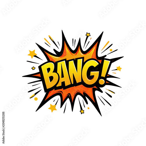 Vibrant comic explosion effect with bold bang sound text and dynamic energy burst for impactful graphic design