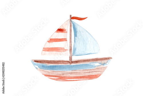 Toy sailboat watercolor illustration in soft coastal nursery style. Hand-painted nautical clipart isolated on white background, ideal for beach themes, children's decor, stationery, patterns, branding