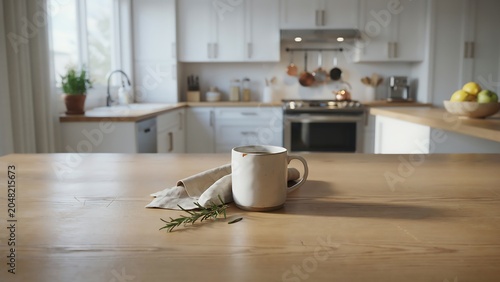 Steaming cup of coffee on wooden kitchen table with herb