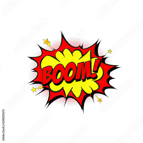 Vibrant comic explosion effect with bold yellow text saying boom in a dynamic red burst shape on transparent background