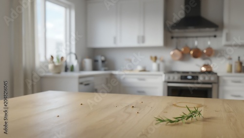 Wooden kitchen table with rosemary and spices in modern white kitchen