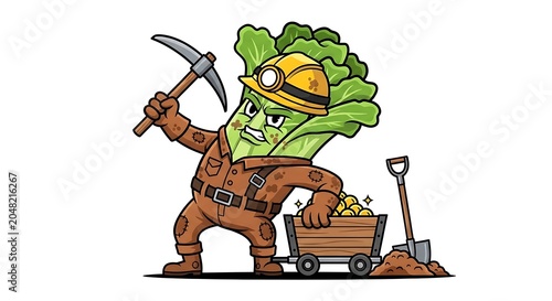 Cartoon lumberjack cutting down tree with chainsaw.