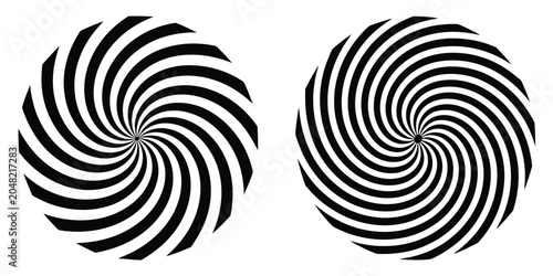 Hypnotic spiral optical illusion vector illustration set isolated on white background psychedelic swirl circular graphic element for design layout