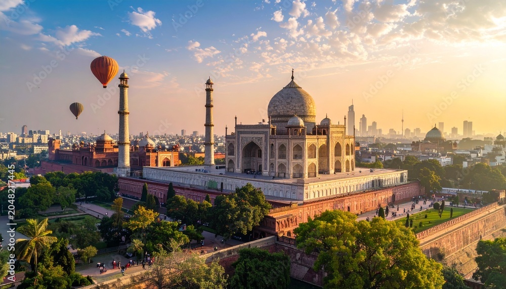 Fototapeta premium Majestic Taj Mahal at Sunrise - A Timeless Wonder of India.