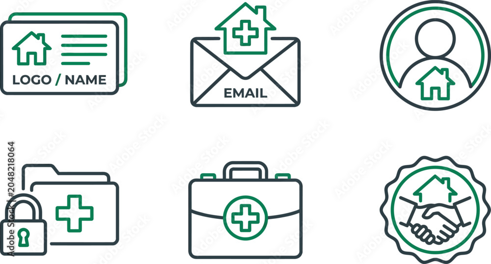 Fototapeta premium Set of medical and healthcare icons including business card email profile folder first aid kit and handshake for clinic or hospital branding flat vector design