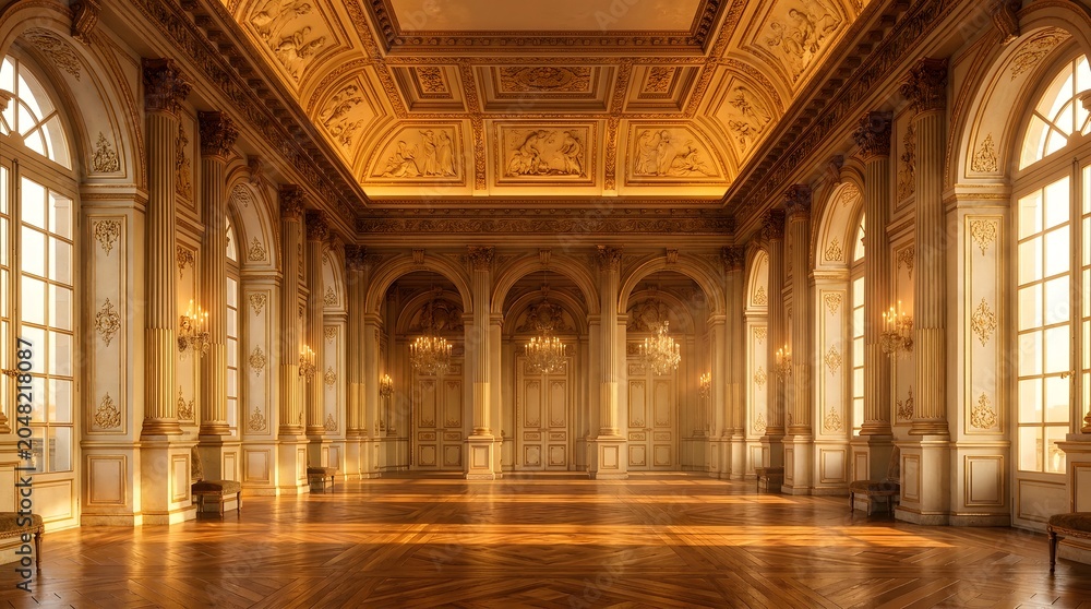 Obraz premium Palace ballroom with symmetrical architecture and golden lighting interior hour ornate historical grand hall