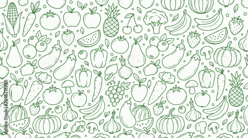 Schilderij op canvas Seamless vector pattern featuring minimalist green outline doodles of various fruits and vegetables, creating a detailed background texture perfect for healthy food and grocery branding