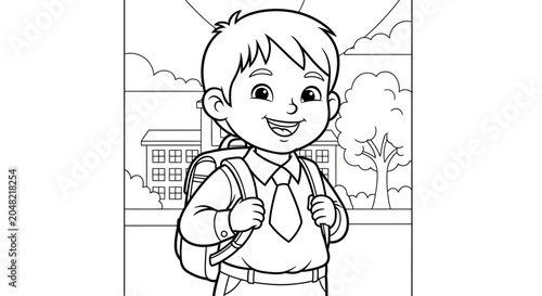 Smiling Cartoon Boy with Backpack.