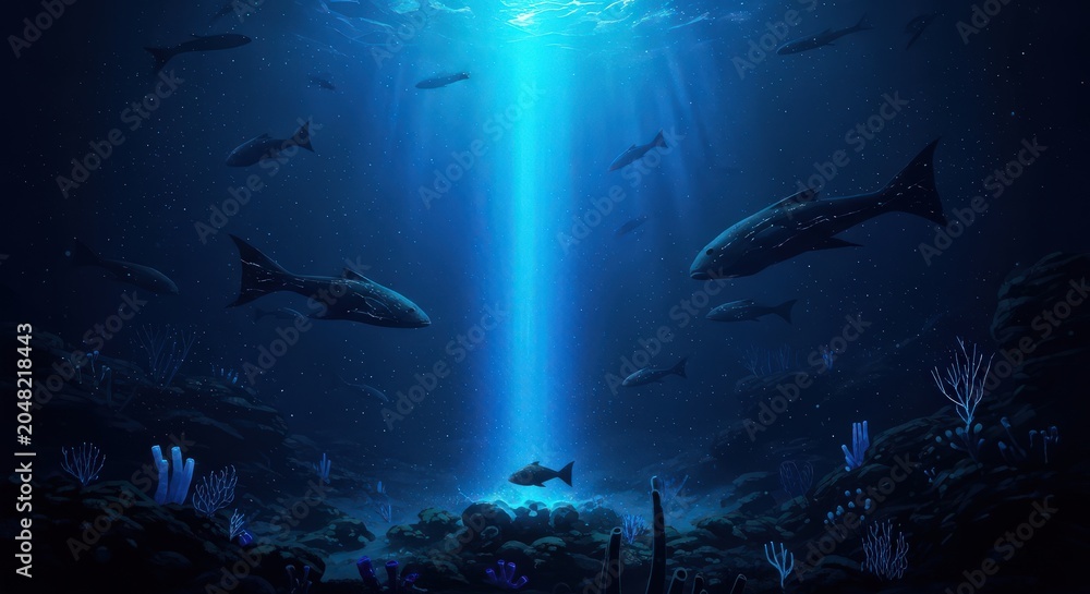 Obraz premium Underwater scene, ocean fish, coral reef, blue sunlight beam