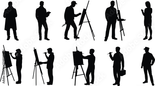Collection of diverse black silhouette figures engaged in artistic activities and daily life on a white background