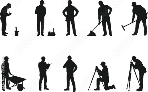 Silhouettes of construction workers and surveyors performing various tasks on a white background vector
