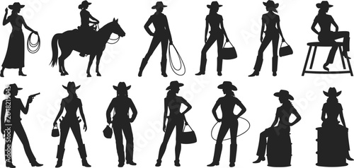 Cuadro en lienzo Silhouette Collection of Diverse Cowgirl Poses and Activities on White Backgroun