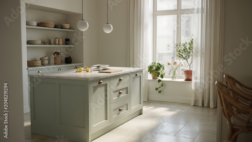 Modern kitchen interior with island plants