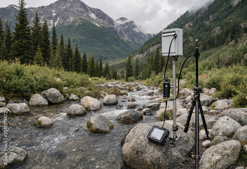 Photos Scientific water monitoring equipment with a sensor and data logger installed in