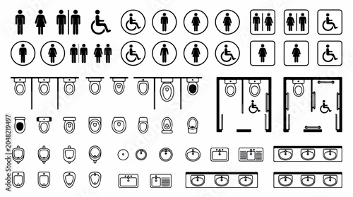 Public restroom floor plan symbols and toilet icons set, architectural bathroom layout elements, black and white washroom signage vector