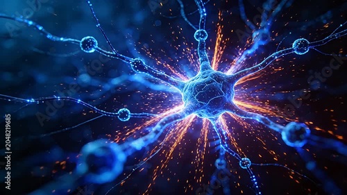 Blue glowing neurons with radial connections on dark background