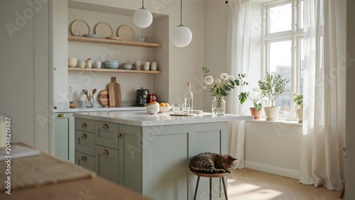 Cat sleeps on stool in modern kitchen with green cabinets and white marble countertop near window with plants
