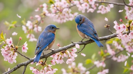 Two Eastern Bluebirds Perched On A Cherry Blossom Branch Spring Scene bluebird avian bird