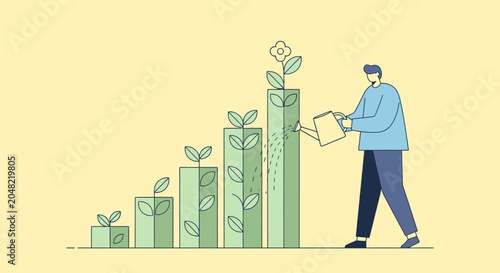 Man Watering Growing Money Bar Graph.