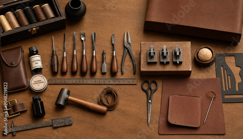 Photos View of leather crafting tools, including metal punches, wooden mallet, ruler, a