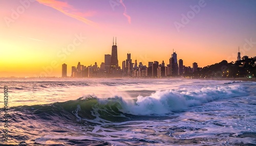 A vibrant sunset casts golden light over a coastal city skyline. Gentle waves crash onto the shore, enhancing the serene scene