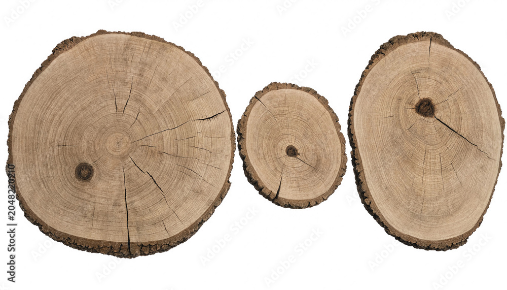 Fototapeta premium Three circular cross-sections of tree trunks showing visible growth rings and cracked bark textures isolated on a plain white background surface