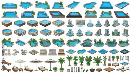 Isometric swimming pool and garden landscape set, luxury backyard water features and outdoor furniture collection, 80 vector icons for patio design