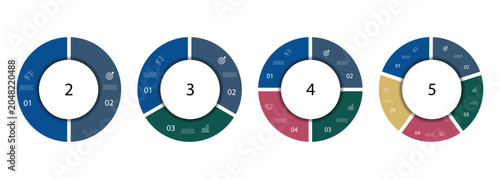 Circle diagram infographic set. Rotation round cycle vector scheme process template. 2, 3, 4, 5 parts. Process chart, cycle diagram for business presentation, report, brochure.