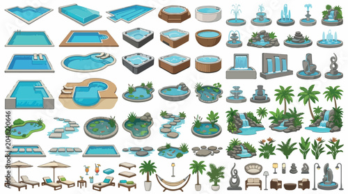 Swimming pool and garden landscape elements, isometric outdoor fountain and hot tub collection, backyard water feature vector set for architectural design