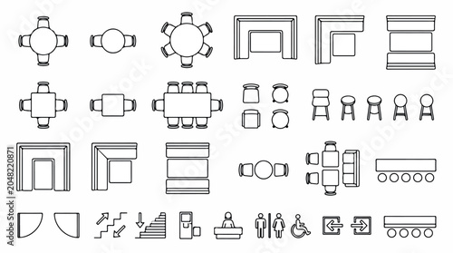 Architectural floor plan symbols for interior design, 24 furniture icons and layout elements, top view restaurant and office seating vector set