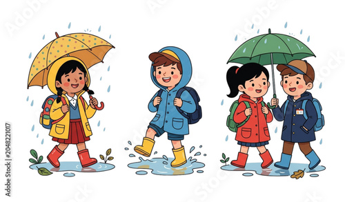 Принти на полотні Elementary school children rainy season umbrella and backpack vector set